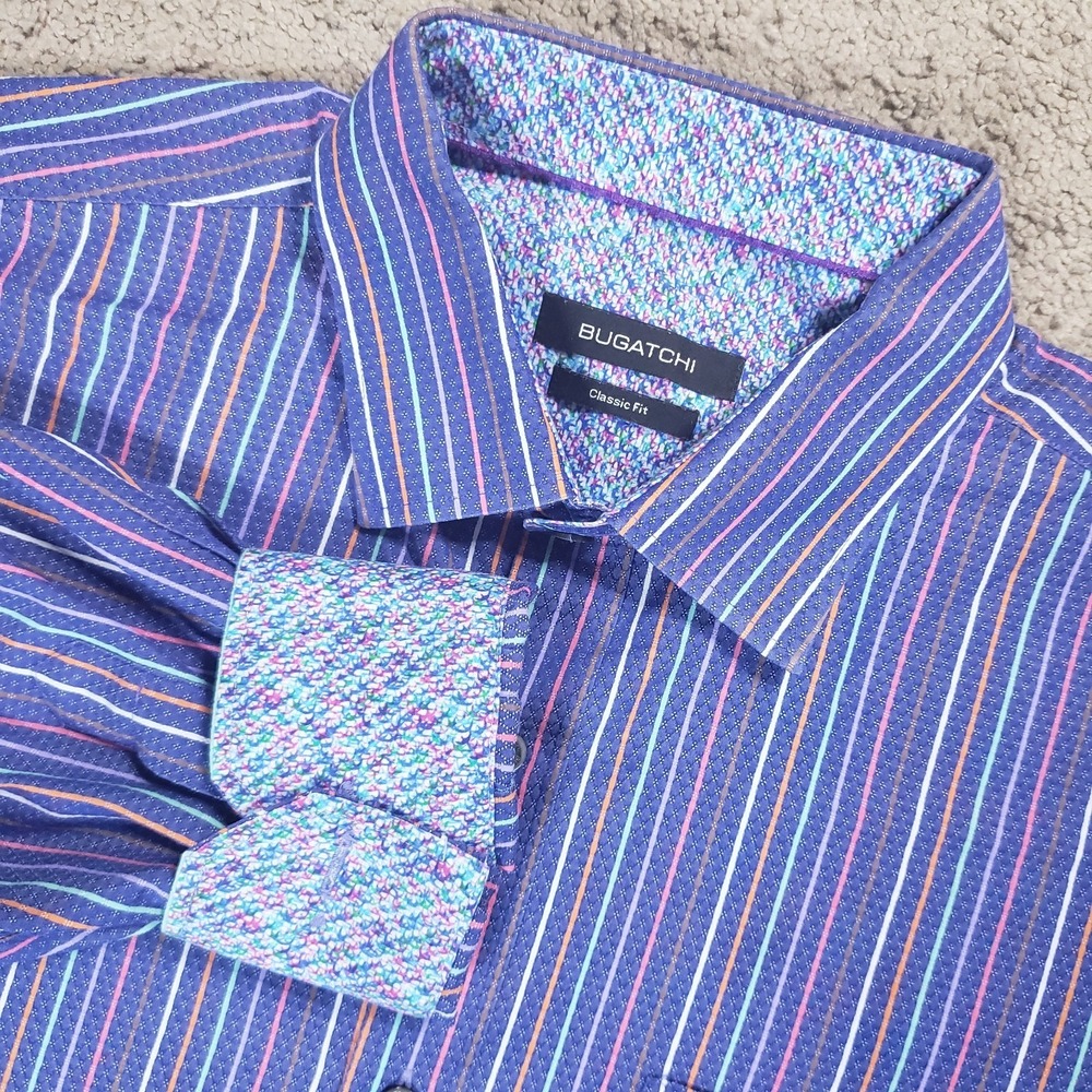 Bugatchi Striped Flip Cuff Shirt Men Large Purple Geometric Trim Party Disco